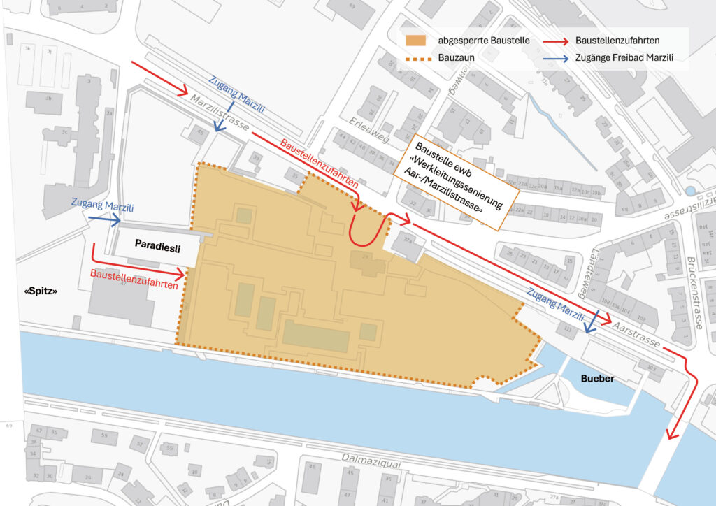 Plan Zugänglichkeit Marzili während der ersten Bauetappe 1. bis 21. September 2025