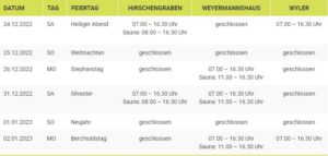 Tabelle Öffnungszeiten Hallenbäder 2022/2023