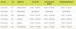 Tabelle Öffnungszeiten Kunsteisbahnen 2022/2023